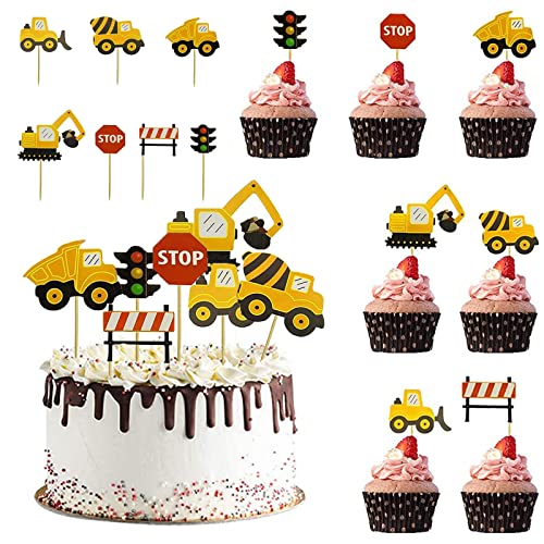 Lushly 28 Stücke Cupcake Topper, Baufahrzeug Cake Topper, Cartoon Bagger Bulldozer Cake Topper, Tortenstecker Geburtstag, Happy Birthday Tortendeko für Geburtstag Party Dekoration von Lushly