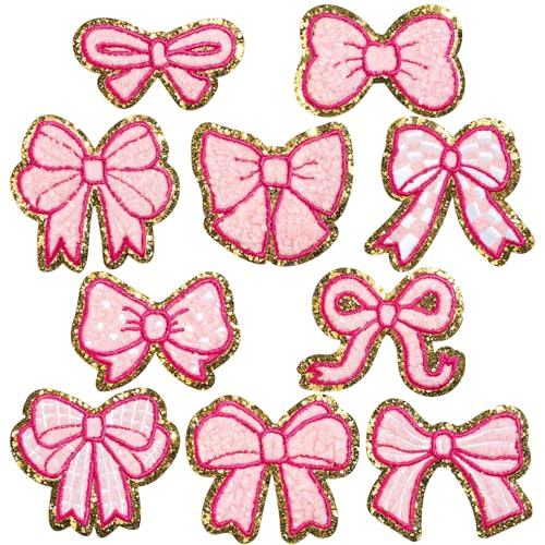 10 Stück Schleifen-Flicken zum Aufbügeln, glänzend, rosa, goldfarbene Kanten, zum Aufbügeln auf Schleifen, bestickter Aufnäher für Damen, Hüte, Rucksäcke, Schuhe, Hemden, Jacken, DIY-Dekoration von Lusofie