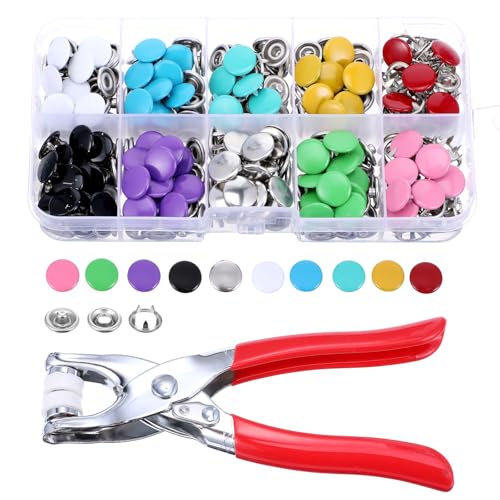 100 Druckknopf Set mit Zange 9,8mm Druckknopf ohne Nähen Druckknöpfe Metall 10 Farben für Baby und Kinderkleidung Nähen Basteln Handarbeit Kleidungsreparatur DIY-Kleidung von Lusofie