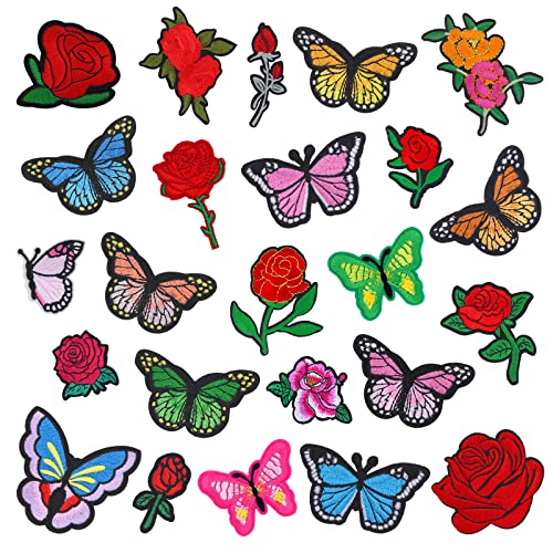 25 Stück Bügelflicken Rosen Schmetterlings Stickerei Patches Aufnäher zum Aufbügeln Bügelbilder Hut Hosen Schuhvorhänge für Jeans Taschen Kleidung Handwerk DIY zum Aufbügeln Kinder von Lusofie