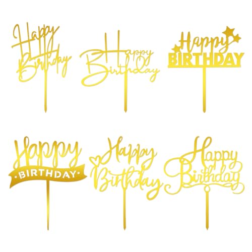6 Stück Happy Birthday Cake Topper Tortendeko Gold Geburtstag Gold Acryl Kuchen Deko für Frauen und Männer Geburtstag Jahrestag Andenken Valentinstag von Lusofie