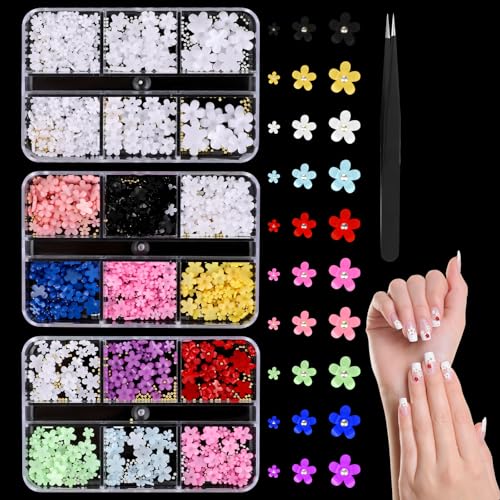 Bunte Blumen Nail Charms Set Süße Exquisit Nagel Charms 3d Gel Nail Art Y2k Flower Nagel Anhänger Mit Metall-Perlen Harz Nägel Strass Für Nagel Diy Dekorationen Nagelkunst (3er-Set Mit Pinzette) von Lusofie