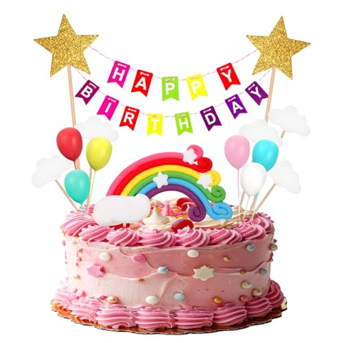 Happy Birthday Tortendeko Regenbogen Sterne Kuchen Deko Kinder Bunte Ballon Geburtstag Torten Deko für Mädchen Jungen Geburtstag Party Kuchen Dekoration Lieferungen von Lusofie