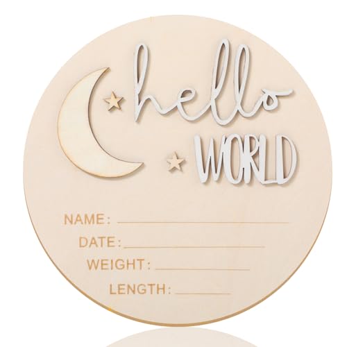 Hello World Baby Holzschild, Baby Meilensteinkarten Holz, 5,9 Zoll Sterne Mond Karten Meilensteine, für Neugeborene Runde Holz Geburtsanzeige für Schwangere Werdende Eltern von Lusofie
