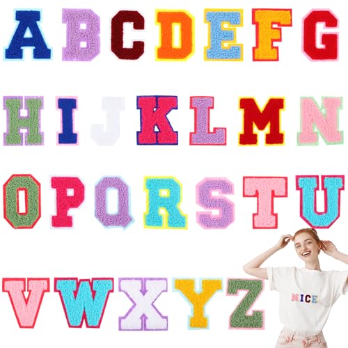 Selbstklebende Buchstaben-Aufnäher A-Z, zum Aufbügeln, Chenille, Buchstaben, bestickt, Alphabet-Aufkleber für Kleidung, Hüte, Rucksäcke, DIY-Zubehör, Geschenk zum Schulanfang (bunt), 26 Stück von Lusofie