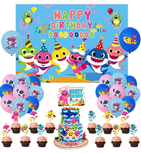 Geburtstags Shark Luftballons Dekorationen Baby Hai Geburtstags Hintergrund Banner Kuchendeckel für Thema Geburtstagsfeier Dekoration von Lutoty