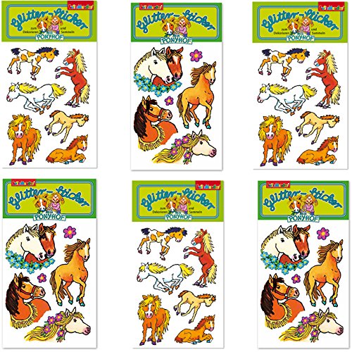 6-teiliges Glitter-Sticker-Set * Pferde und Ponyhof * vom Mauder Verlag | Kinder Aufkleber Kindergeburtstag Geburtstag Mitgebsel Geschenk Mädchen Glitzer Pony Reiten Reiterhof Reiterferien Reiturlaub von Lutz Mauder