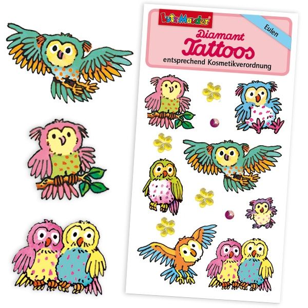 Eulen Tattoos mit Strasssteinchen, Glücksbringer als Klebetattoos Eulen Tattoos mit Strasssteinchen, Glücksbringer als Klebetattoos von Lutz Mauder