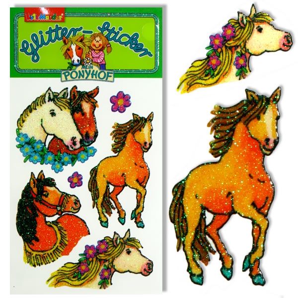 Glitzersticker Ponyhof, Glitter-Sticker mit Ponys oder Pferden, 1 Karte
