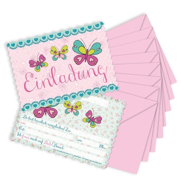 Schmetterling Einladungen, 8 Stk. mit Textfeldern und rosa Umschlägen Schmetterling Einladungen, 8 Stk. mit Textfeldern und rosa Umschlägen von Lutz Mauder
