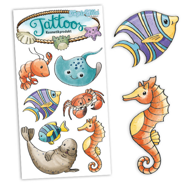 Temporäre Meerestiere-Tattoos für Kinder, 1 Tattoo-Karte mit 7 Motiven von Lutz Mauder