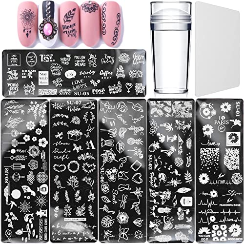 Luvadeyo Pack of 6 Nail Stamping Plates, Nail Stamping Stencils, Nail Art Plates,with 1 Transparent Stamp, 1 Piece Scraper, Nail Art Tool for Women Girls von Luvadeyo