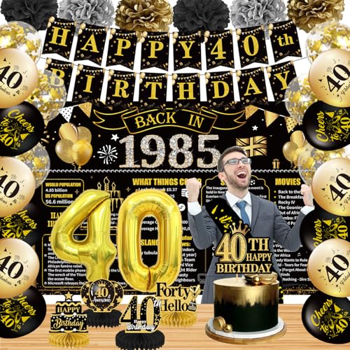 Luvart 40. Geburtstag Dekoration Männer Frauen, Schwarz Gold 40 Jahre alt 1985 Geburtstag Party Dekorationen, einschließlich Banner, Hintergrund, Luftballons, Tortenaufsatz, Papier-Poms, Schärpe und Luvart 40. Geburtstag Dekoration Männer Frauen, Schwarz Gold 40 Jahre alt 1985 Geburtstag Party Dekorationen, einschließlich Banner, Hintergrund, Luftballons, Tortenaufsatz, Papier-Poms, Schärpe und von Luvart