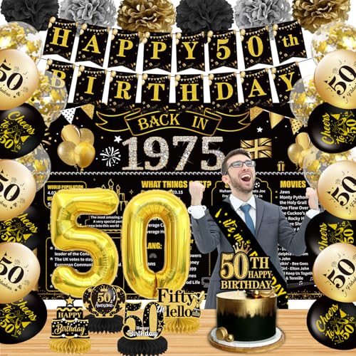Luvart 50. Geburtstag Dekoration Männer Frauen, Schwarz Gold 50 Jahre alt Geburtstag Party Dekorationen, einschließlich 1975 Banner Hintergrund Luftballons Kuchen Topper Papier Poms Schärpe und von Luvart