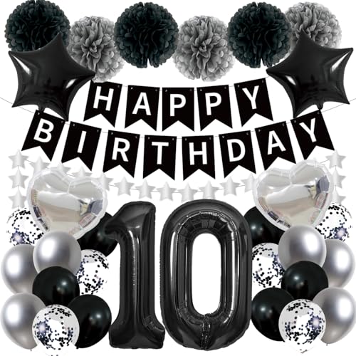 Luvart Ballondekorationen zum 10. Geburtstag, 54 Stück, Schwarz und Silber, Geburtstags-Banner-Ballons, coole 10-jährige Geburtstagsdekoration für Jungen und Mädchen Luvart Ballondekorationen zum 10. Geburtstag, 54 Stück, Schwarz und Silber, Geburtstags-Banner-Ballons, coole 10-jährige Geburtstagsdekoration für Jungen und Mädchen von Luvart