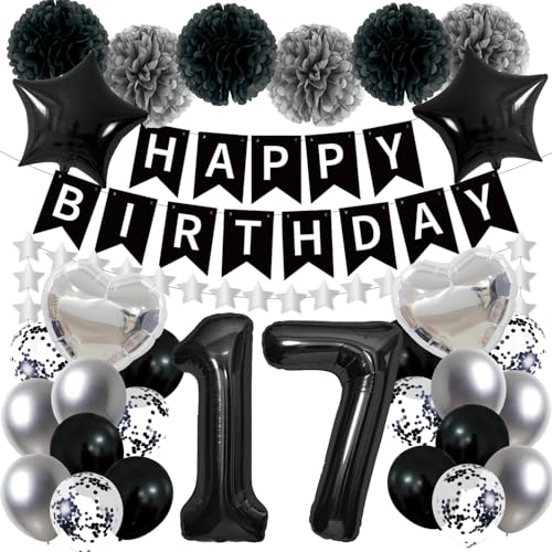 Luvart Ballondekorationen zum 17. Geburtstag, 54 Stück, Schwarz und Silber, Geburtstagsbanner Luftballons, Zubehör, coole 17-jährige Geburtstagsdekoration für Jungen und Mädchen Luvart Ballondekorationen zum 17. Geburtstag, 54 Stück, Schwarz und Silber, Geburtstagsbanner Luftballons, Zubehör, coole 17-jährige Geburtstagsdekoration für Jungen und Mädchen von Luvart