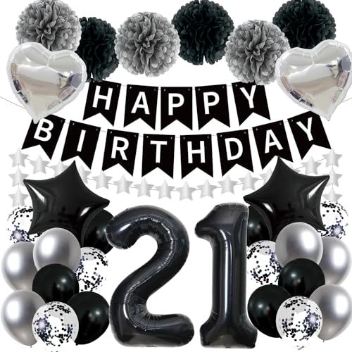 Luvart Dekorationen zum 21. Geburtstag für Sie und Ihn, 45 Stück, Schwarz / Silber, Luftballons zum 21. Geburtstag, Dekorationsset, "Happy Birthday", Banner und Foliensternballons, Schwarz, 21 Luvart Dekorationen zum 21. Geburtstag für Sie und Ihn, 45 Stück, Schwarz / Silber, Luftballons zum 21. Geburtstag, Dekorationsset, "Happy Birthday", Banner und Foliensternballons, Schwarz, 21 von Luvart