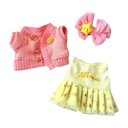 Luwecf Kleidung für Mini Plüschpuppen, 15 cm, Outfit mit Haarschmuck für Puppen in 15 cm Und 17 cm, 3 Stück Rosa von Luwecf