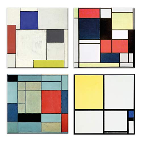 LuxHomeDecor Bilderrahmen, Mondrian, 4 Stück, 30 x 30 cm, Leinwanddruck mit Rahmen aus Holz von LuxHomeDecor