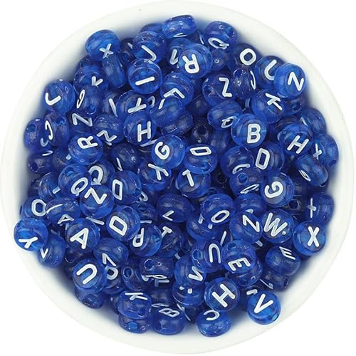 Transparente Buchstaben-Perlen für selbstgemachte Schmuckherstellung, Armbandherstellung, Halskette, Perlen für Erwachsene und Kinder, 6,6 mm, ca. 100 Stück (dunkelblau mit weiß) von LuxSicMo