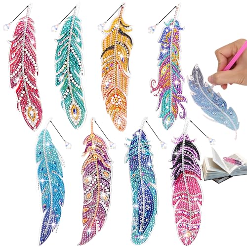 Diamond Painting Lesezeichen Federn Set - 8 Stück, DIY Bastelset für Erwachsene & Kinder, Glitzernde Lesezeichen zum Selbermachen, Perfekt als Geschenk oder Dekoration für Bücher von LuxStellar