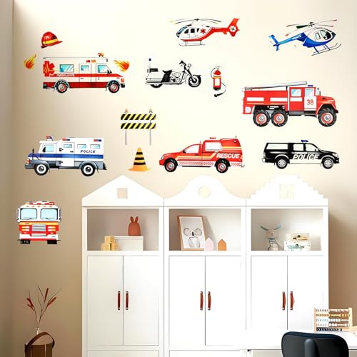 Feuerwehr Tapete Kinderzimmer Jungen，Wandtattoo Kinderzimmer Junge, 4 Stück Feuerwehr Sticker Coole Wandtattoo Kinderzimmer Junge Mit Fahrzeugen Für Jungenzimmer (30x20cm, PVC, Wiederverwendbar) von LuxStellar