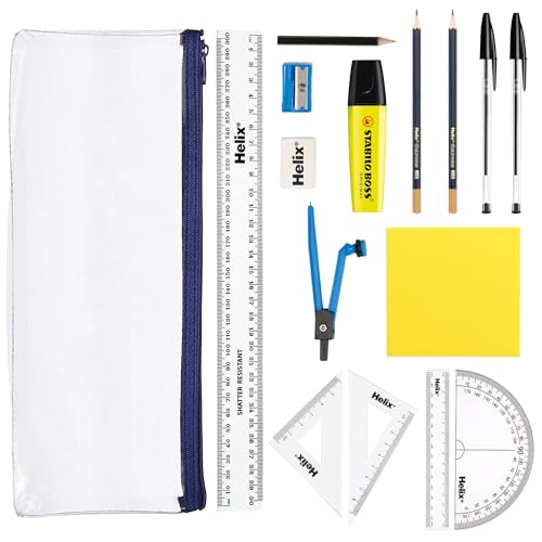 Schreibwaren-Set für den Schulanfang, transparentes Federmäppchen für Prüfungen, gebündelt mit Stiften, Bleistiften, Linealen, Textmarkern, Mathematik-Set, Radiergummi, Spitzer und Haftnotizen von Luxe Elite