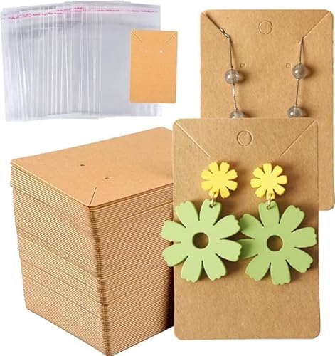 100 Stück Ohrring Display Card Set, Halskette Display Karten, enthält 50 Kraft Ohrring Halter Karten, 50 Selbstklebende Dichtung Aufbewahrungstaschen für Geschenk machen DIY Ohrstöpfe (Rinderleder) von Luxiremi