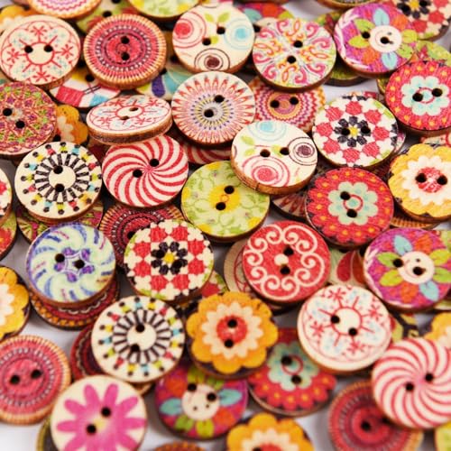 100PCS hölzerne Knöpfe für Crafting, gemischte hölzerne Blume sortiert Vintage Runde stricken Knöpfe für Nähen DIY Handwerk dekorative (15mm) von Luxiremi