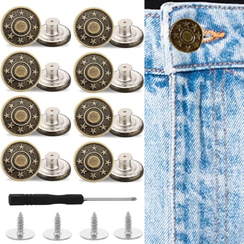 17 Stück Knöpfe für Jeans, verstellbare, wiederverwendbarer Hosentallenstraffer, (8 Stück Knöpfe, 8 Gewinde Niete und 1 Schraubendreher) von Luxiremi