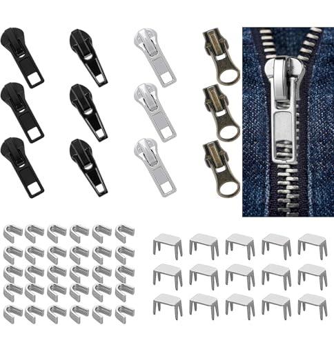 57-teiliges Reißverschluss-Reparatur-Set, 12-teilig, universell, #5 Reißverschluss-Ersatzschieber-Set, Metall, Kunststoff, Nylon, Reißverschluss-Ersatz in 3 Farben, oben unten, Stopper, von Luxiremi
