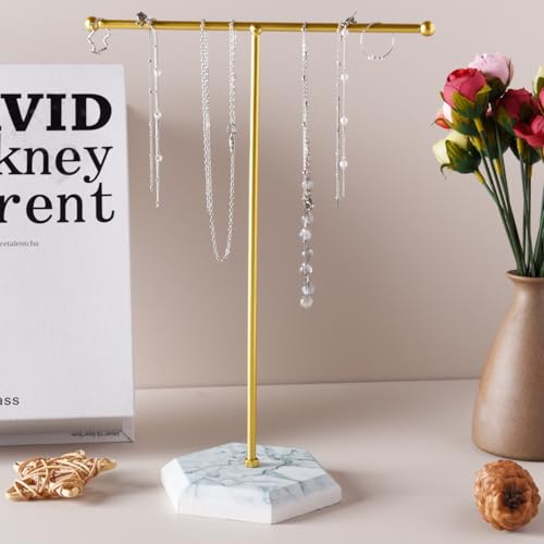 Schmuck Organizer Stand, T-Bar Halskette Display Stand Ohrringe Halter Metall hängende Anhänger Rack mit Marmor Muster Tablett, Schmuck Display Stand für Armbänder Ringe Uhren Schlüssel (Gold) von Luxiremi