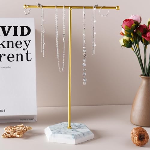 Schmuck Organizer Stand, T-Bar Halskette Display Stand Ohrringe Halter Metall hängende Anhänger Rack mit Marmor Muster Tablett, Schmuck Display Stand für Armbänder Ringe Uhren Schlüssel (golden) von Luxiremi