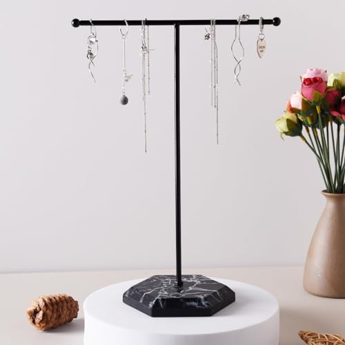 Schmuck Organizer Stand, T-Bar Halskette Display Stand Ohrringe Halter Metall hängende Anhänger Rack mit Marmor Muster Tablett, Schmuck Display Stand für Armbänder Ringe Uhren Schlüssel (schwarz) Schmuck Organizer Stand, T-Bar Halskette Display Stand Ohrringe Halter Metall hängende Anhänger Rack mit Marmor Muster Tablett, Schmuck Display Stand für Armbänder Ringe Uhren Schlüssel (schwarz) von Luxiremi