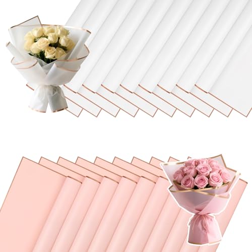 Luxoraiova 20 Blatt Blumenstrauß Geschenkpapier - Wasserdicht Wrapping Paper mit Goldrand, Blumenpapier für Geschenkverpackungen, BlumenKunst und Handwerk (Rosa und Weiß, 58x58cm) von Luxoraiova