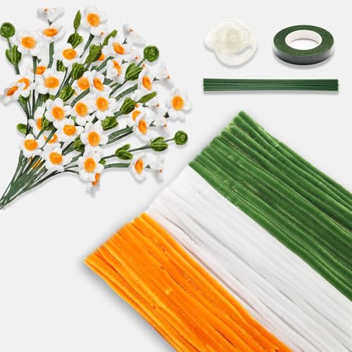 Luxoraiova Gänseblümchen Bouquet Pfeifenreiniger Set, 300 Stück Pfeifenreiniger zum Basteln, 3 Farben, Pfeifenreiniger mit 20 Stück grünem Bastelgarn,Geschenkband (Gelb, Weiß und Hellgrün) von Luxoraiova