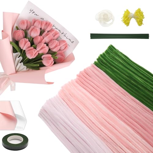 Rosa Tulip Bouquet Pfeifenreiniger Set, 400 Stück Pipe Cleaners for Crafts 4 Farben mit 20 Grünen Blumenstäben, Klebeband, Blumenpapier, Geschenkband& Blütenstempeln (Dunkelrosa, Mittelrosa, Hellrosa) von Luxoraiova