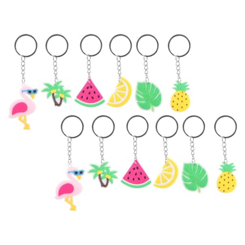 Luxshiny 12 Stück Sommer-Schlüsselanhänger Flamingo-Ananas-Schlüsselanhänger Tropischer Hawaii-Schlüsselanhänger Strandfrüchte Schlüsselanhänger Grünes Blatt Hängende Anhängerzubehör von Luxshiny