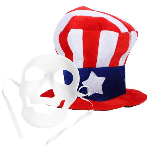 Luxshiny 4. Juli Onkel Sam Set Unabhängigkeitstag Zylinderhut Usa-Flagge Dekorative Kappe DIY Weiße Totenkopfmaske Maskerademaske Amerikanischer Patriotischer Hut von Luxshiny