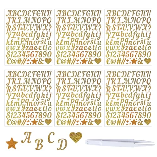 6 Blatt Buchstaben Zahlen Aufkleber Set, 1in Glitzer Buchstaben Aufkleber, mit Kleine Pinzette, Selbstklebend Wasserdichte Vinyl Sticker für Hochzeit Geburtstag Briefkasten DIY Scrapbooking(Gold) von Luxvara