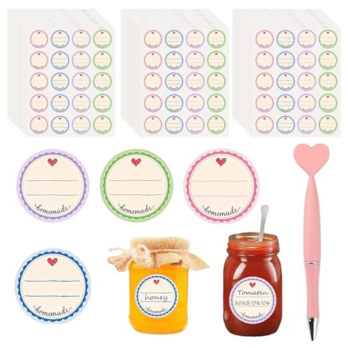 600 Stück Etiketten Selbstklebend, Einmachetiketten Selbstklebend mit Stift, Aufkleber zum Beschriften, 4 Farbe Dekorative Sticker, Küchen Klebeetiketten Partner für Gewürzgläser, Flaschen, Küche von Luxvara