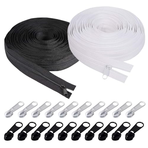 Endlosreißverschluss mit Zipper Größe 3#- 10 Meter Nylon Reißverschluss Meterware (5m Schwarz + 5m Weiß) inkl. 20 Metall-Reißverschlusszügen für Kleidung, Rucksäcke & DIY von Luxvara