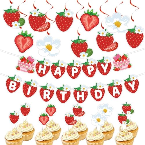 Erdbeer Geburtstagsdeko Set mit 3D-Banner & Spiralen – Romantische Geburtstagsparty Dekoration für Mädchen | Inkl. Happy Birthday Girlande, Cupcake Topper & Tischkarten von Luxvara