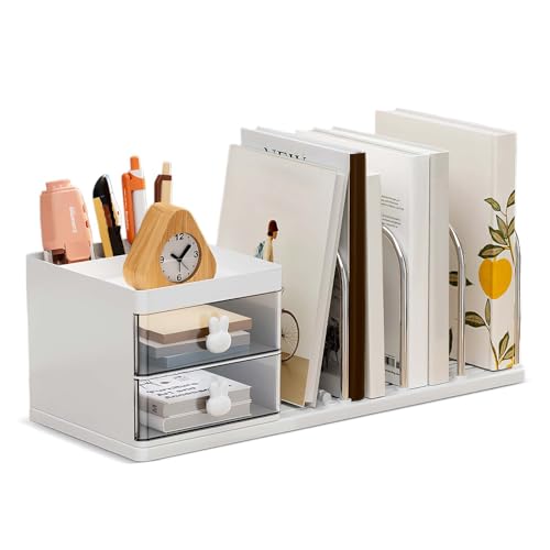 Luxvara Schreibtisch Organizer mit 2 Schubladen, Stifte Organizer mit Ablagefächer, Schreibtischablage mit 4 Zeitschriftenhalter, Schreibtisch Zubehör für Bürobedarf Dokumentenablage (Weiß) von Luxvara