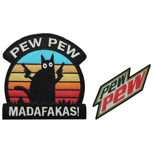 Patches Klett, PEW PEW MADAFAKAS Schwarz Katze mit Pistole, Klett Patch Lustig, Moral Stickerei Taktische Klettverschluss, für Kappen, Rucksäcke, Kleidung, Westen, Militäruniformen von Luxvara