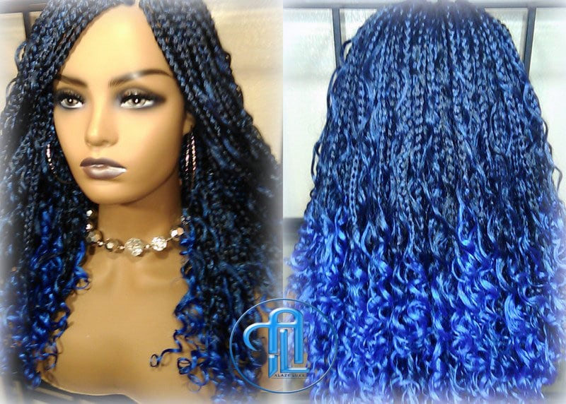 Blaue Ombre Göttinnen Borten Zopfe Meerjungfrau Lockig Lang Bedrängt Boho Zöpfe Farbverlauf Haar Kurz Curly 14/16In von LuxxxStyleBoutique