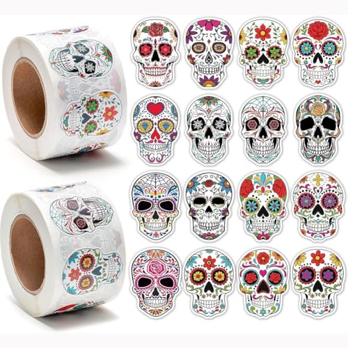 1000 Stück Zuckerschädel-aufkleberrolle Zum Tag Der, Mexikanische Dia De Los Muertos-Aufkleber Für Wasserflaschen, Mexikanische Aufkleber Zum Tag Der von Luxylei