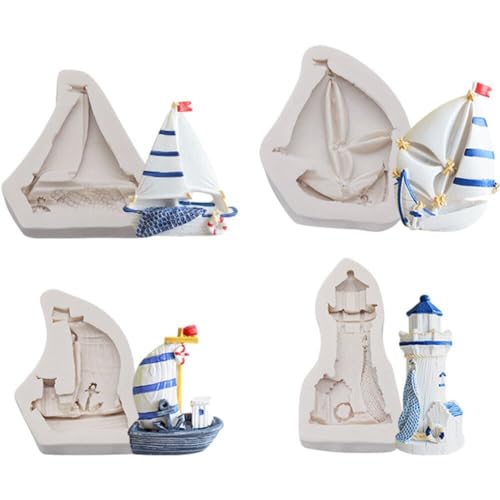 Luxylei Ozean-Segelschiff-fondantform, 4 Stück, Segelboot-Leuchtturm-Kuchen-silikonform Für Selbstgemachte Süßigkeiten, Schokolade, Zuckerhandwerk, Kekse, Ton von Luxylei