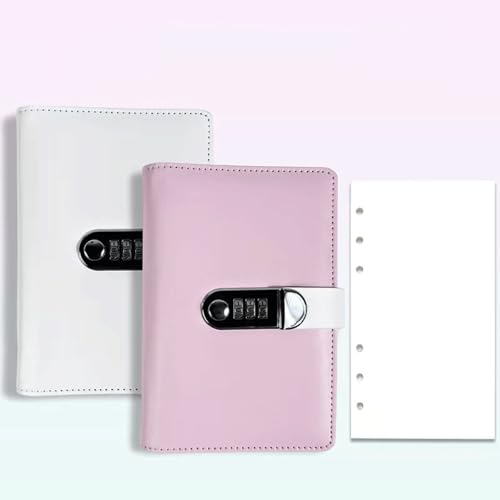 LuysmengEU A6 Kreatives Passwort-Tagebuch-Notizbuch mit Schloss, Leder-Tagebuch-Schreibset, Loseblattbuch als Handbuch, Reise-Stempelsammlung, Buchtagebuch(White2+Pink2) von LuysmengEU