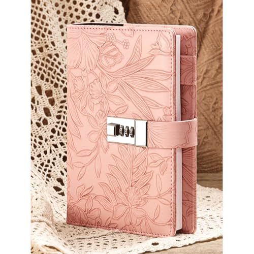 LuysmengEU B6 Tagebuch Passwort Journal Buch Retro Notizbuch mit Schloss 3-dimensional geprägtes Muster wasserdichte Lederoberfläche Notizbuch Tagebuch 200 * 138 mm(Pink) von LuysmengEU